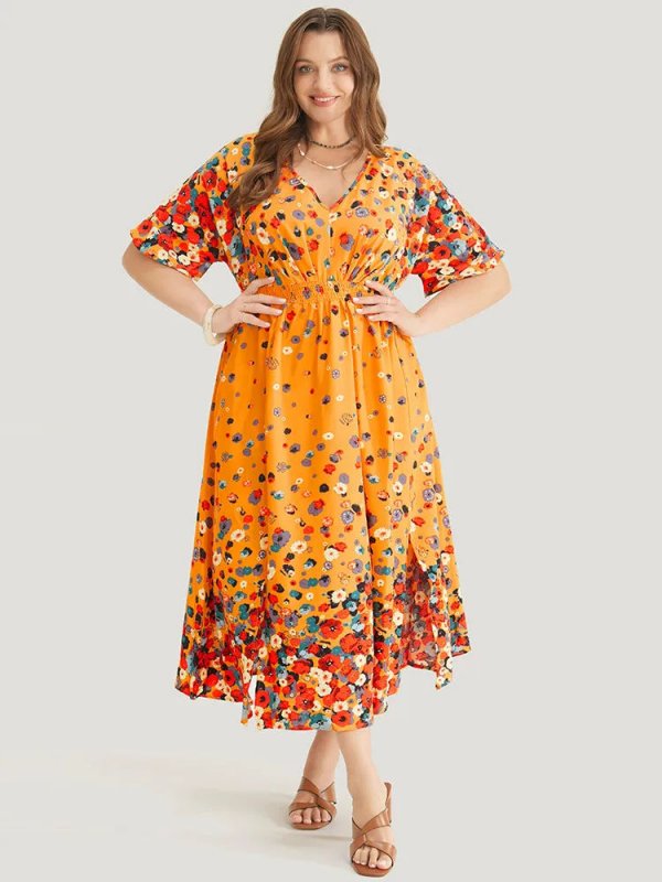Floral Printed Pocket V Neck Shirred Split Hem Dress