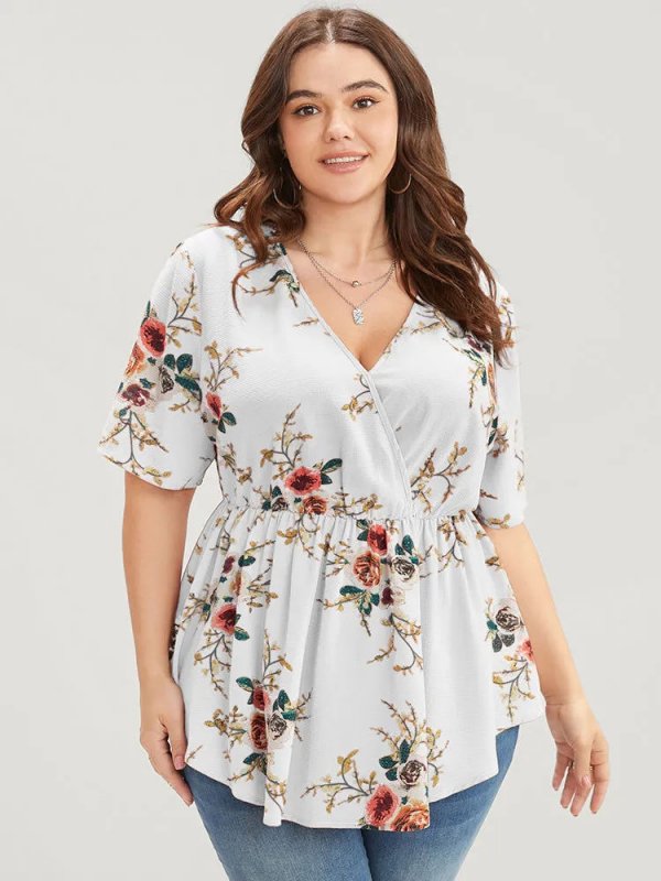 Floral Print Wrap Ruffles Asymmetrical Hem Blouse