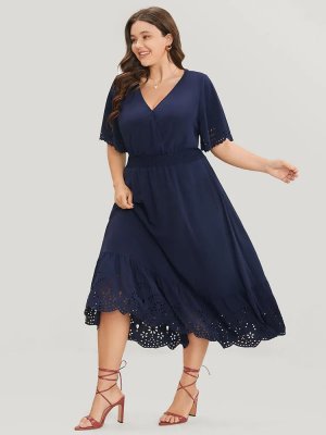 Solid Laser Cut Shirred Pocket Wrap Scalloped Trim Flutter Dress