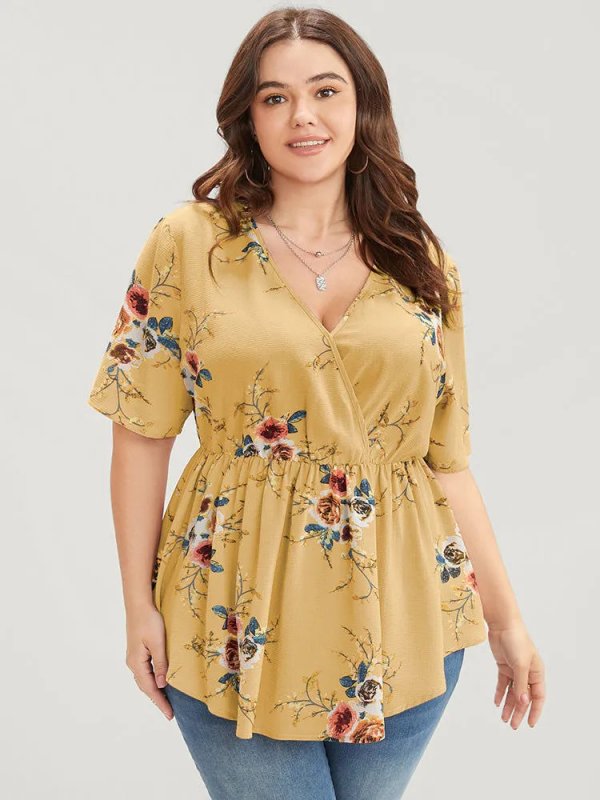 Floral Print Wrap Ruffles Asymmetrical Hem Blouse