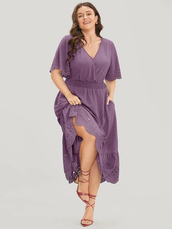 Solid Laser Cut Shirred Pocket Wrap Scalloped Trim Flutter Dress