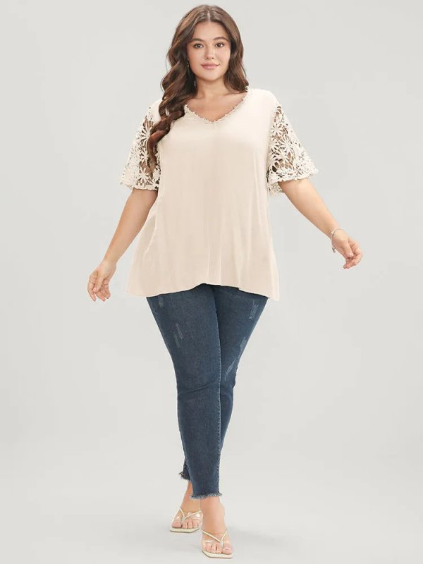 Plain V Neck Floral Patchwork Blouse