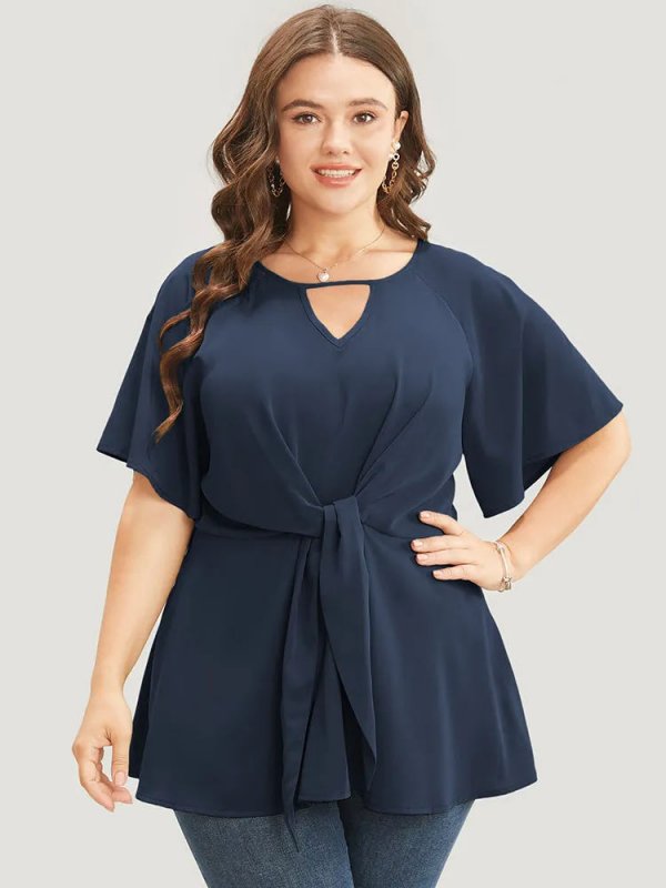 Plain Keyhole Knotted Front Ruffle Sleeve Blouse