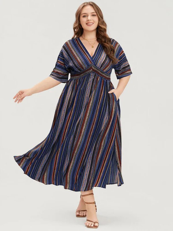 Striped Contrast Dolman Sleeve Shirred Pocket Split Flutter Dress