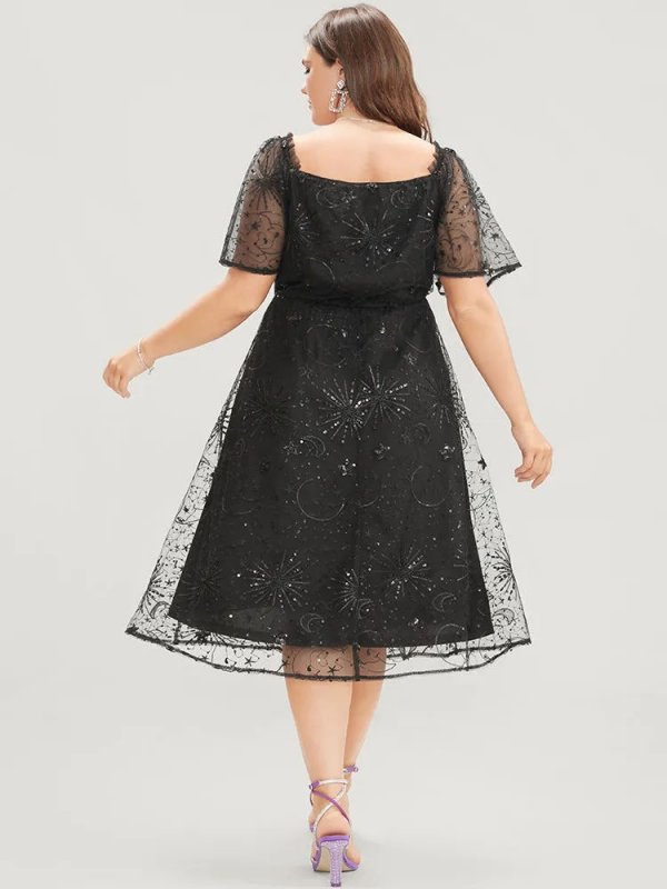 Moon And Star Sequin Detail Pocket Mesh Midi Dress