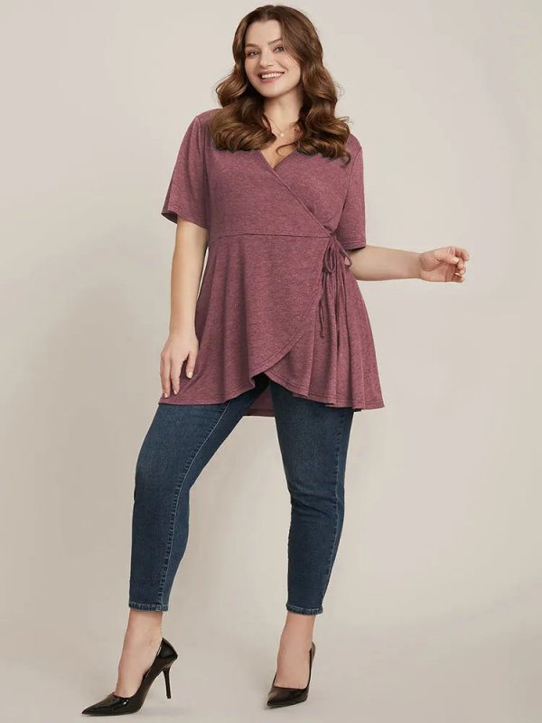 Solid Button V Neck Ruffles Blouse