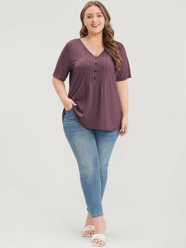 Solid Pleated Front Button Detail V Neck T-shirt