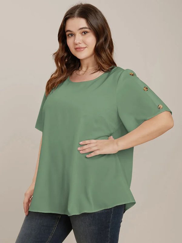 Plain Round Neck Button Detail Blouse