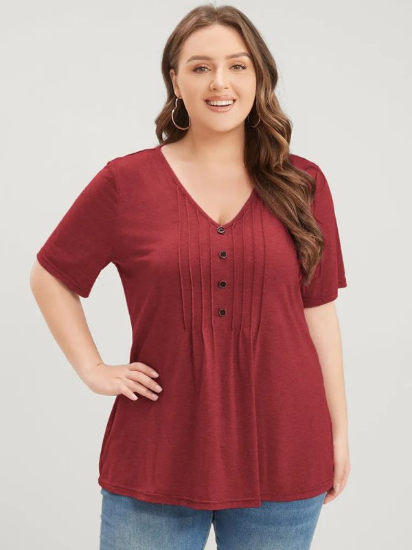 Solid Pleated Front Button Detail V Neck T-shirt