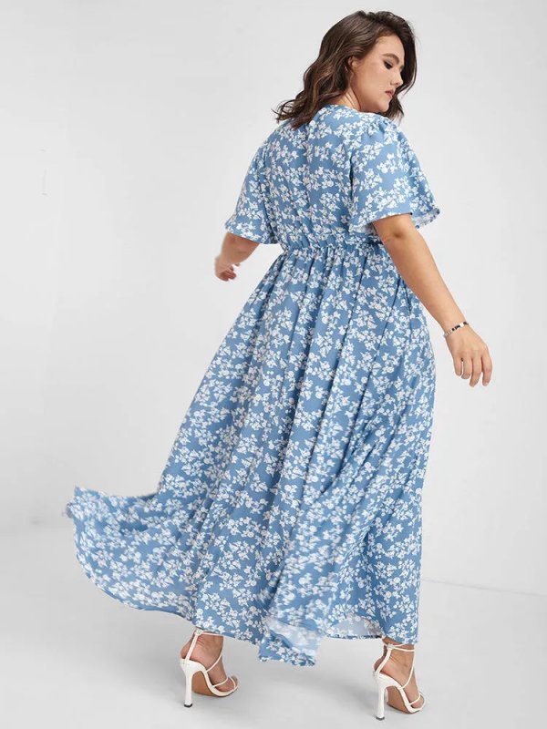 [Hot Sale] Flutter Sleeve Ditsy Floral Pocket Split Maxi Dress