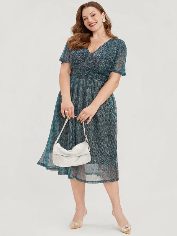 Glitter Mesh Surplice Neck Ruffle Sleeve Pocket Midi Dress
