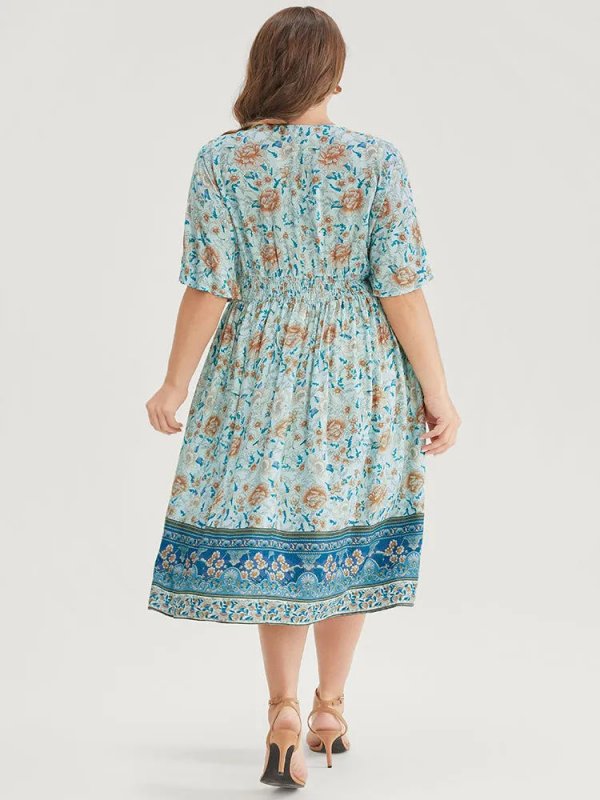 Floral Dolman Sleeve Ruffles Shirred Split Hem Dress