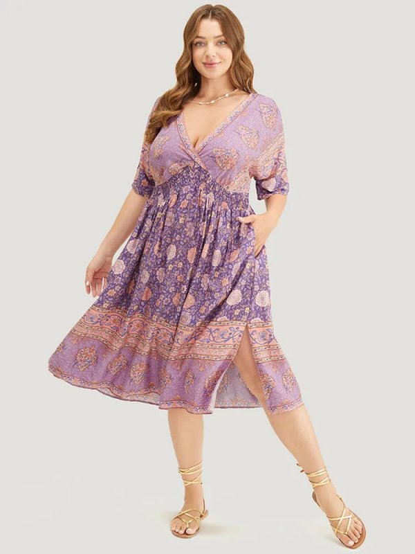 Floral Dolman Sleeve Ruffles Shirred Split Hem Dress