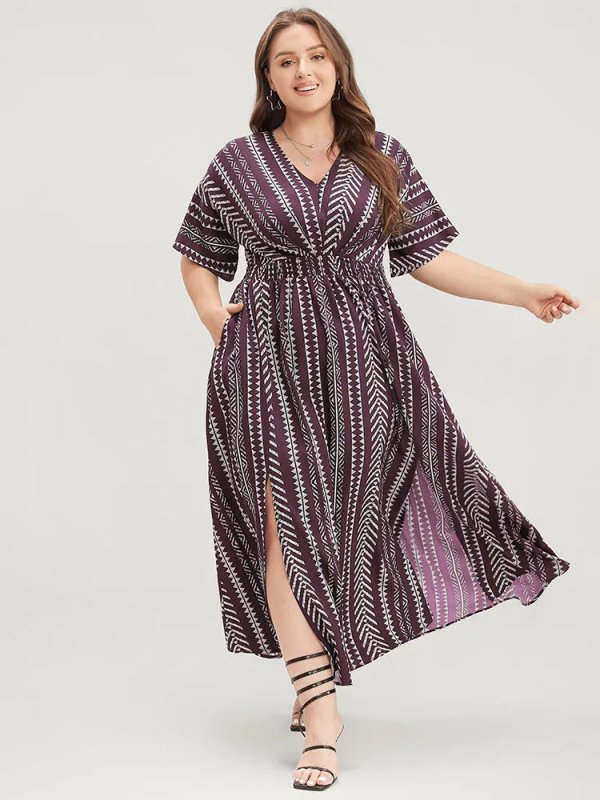 Solid Geometric Dolman Sleeve Pocket Shirred Split Hem Dress