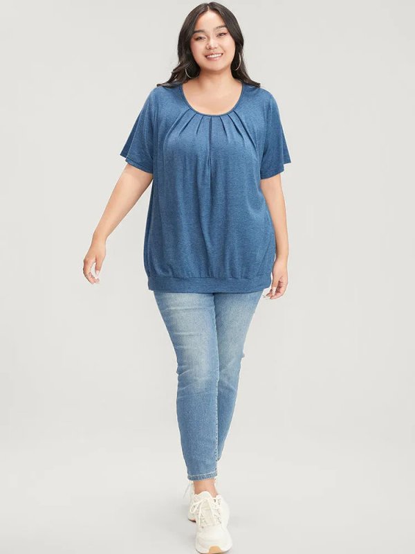 Solid Round Neck Pleated Detail T-shirt