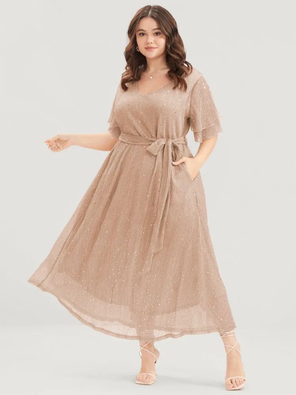 Plain V Neck Mesh Pocket Ruffle Tiered Belted Midi Dress