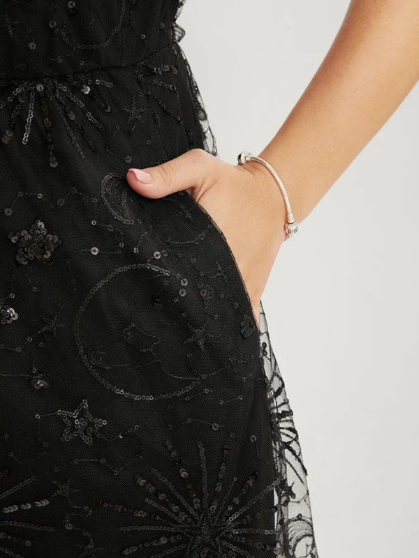 Moon And Star Sequin Detail Pocket Mesh Midi Dress