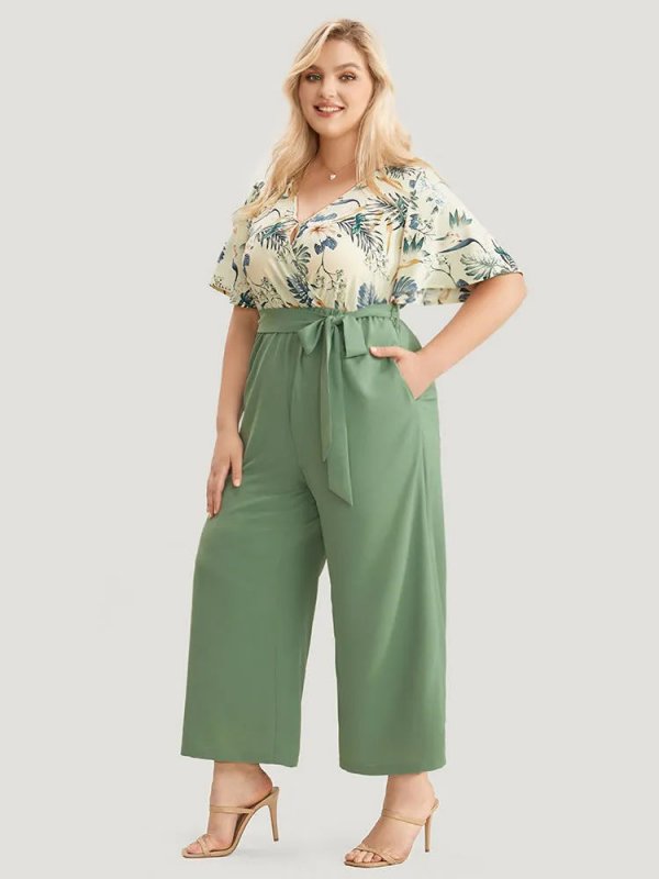Floral Patchwork Wrap Belted Pocket Jumpsuit