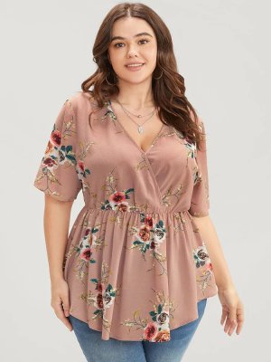 Floral Print Wrap Ruffles Asymmetrical Hem Blouse