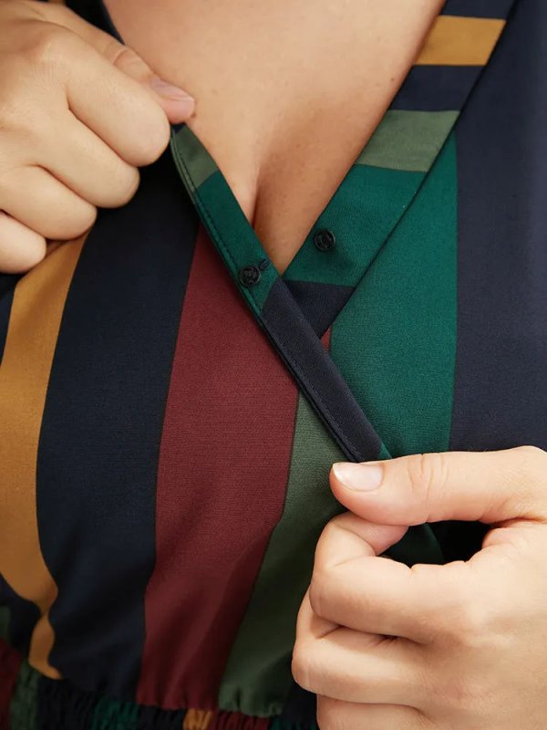 Striped Dolman Sleeve  Pocket Shirred Flutter Wrap Dress