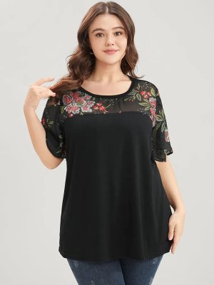 Floral Mesh Patchwork Ruffle Sleeve T-shirt