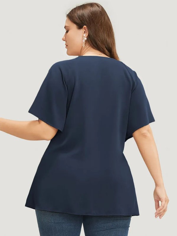 Plain Keyhole Knotted Front Ruffle Sleeve Blouse