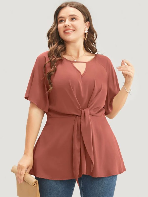 Plain Keyhole Knotted Front Ruffle Sleeve Blouse