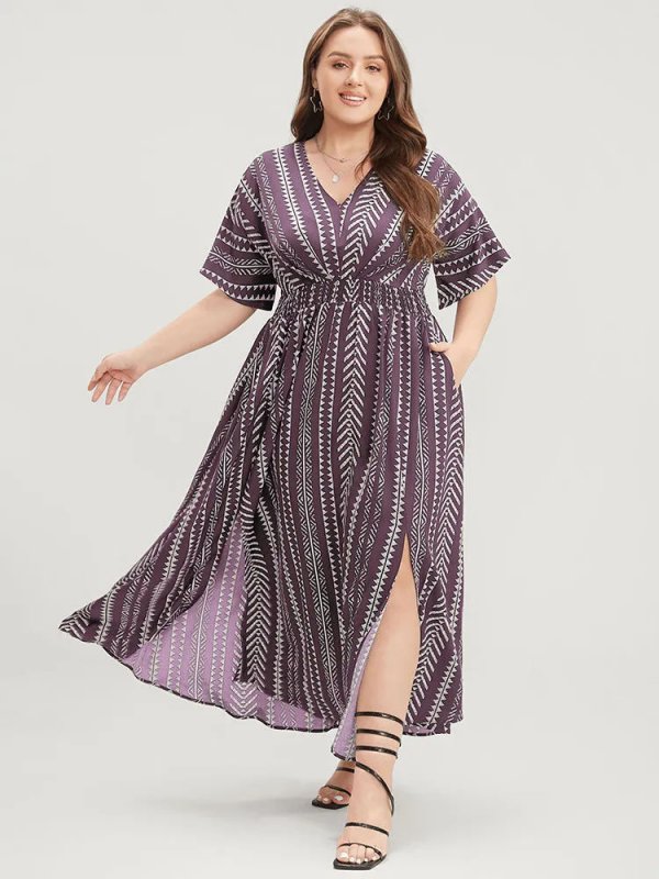 Solid Geometric Dolman Sleeve Pocket Shirred Split Hem Dress