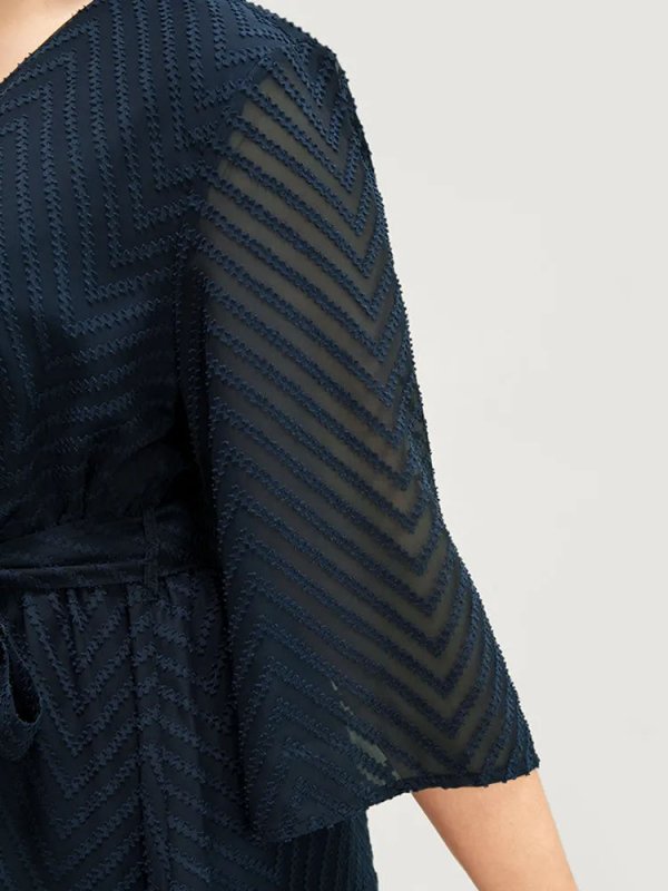 Plain Geometric Mesh Surplice Neck Belted Ruffles Blouse