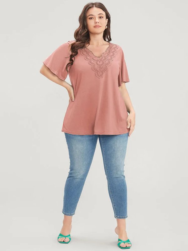 Solid Ruffle Sleeve Lace V Neck T-shirt