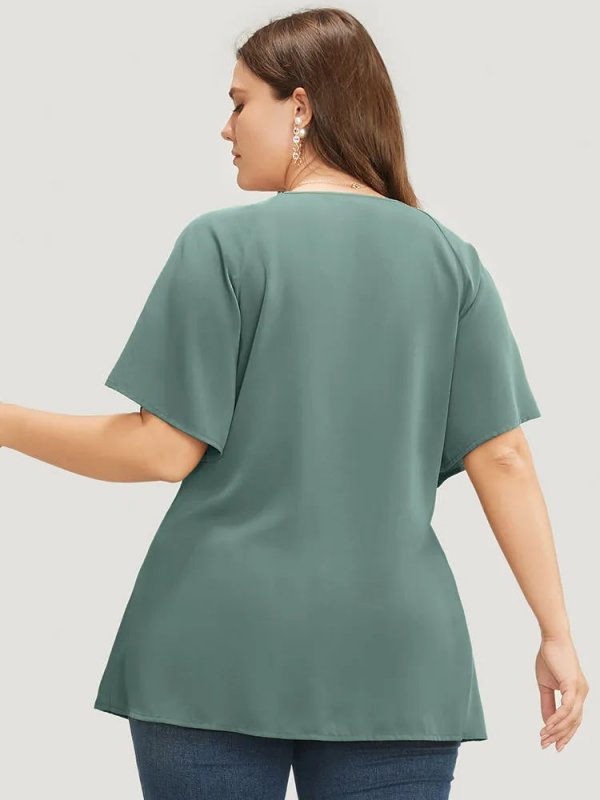 Plain Keyhole Knotted Front Ruffle Sleeve Blouse