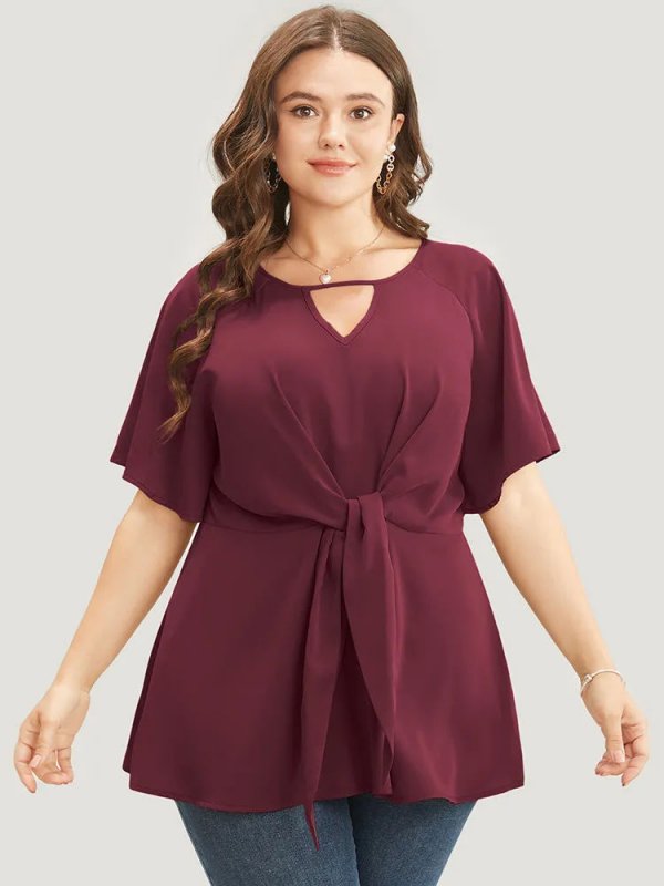 Plain Keyhole Knotted Front Ruffle Sleeve Blouse