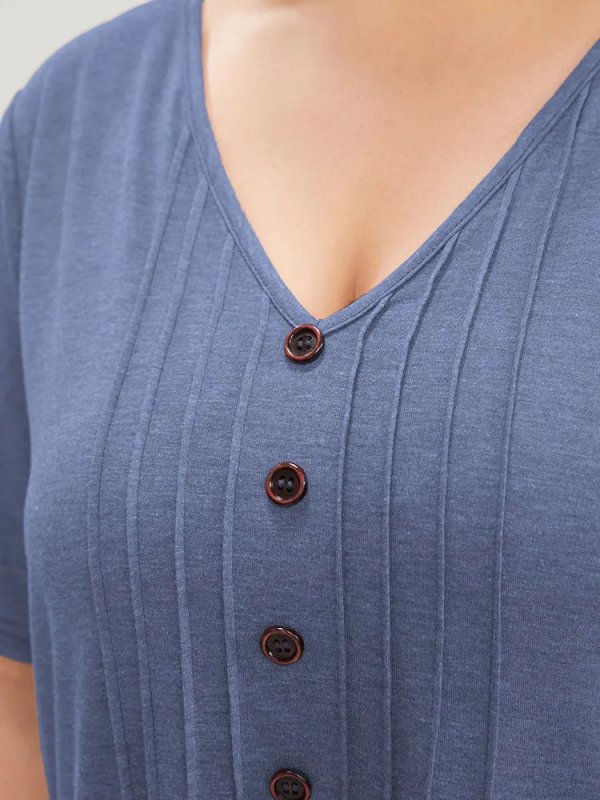 Solid Pleated Front Button Detail V Neck T-shirt