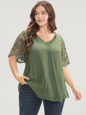 Plain V Neck Floral Patchwork Blouse