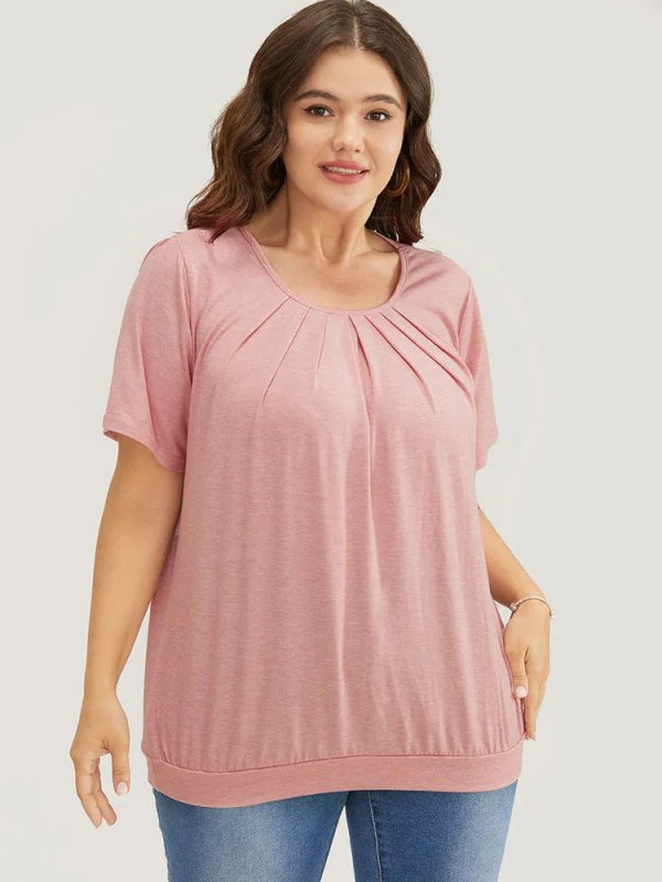 Solid Round Neck Pleated Detail T-shirt