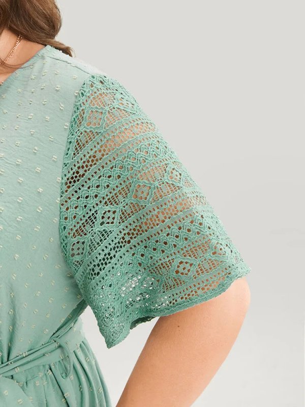 Solid Wrap Pocket Belted Contrast Lace Ruffle Trim Maxi Dress