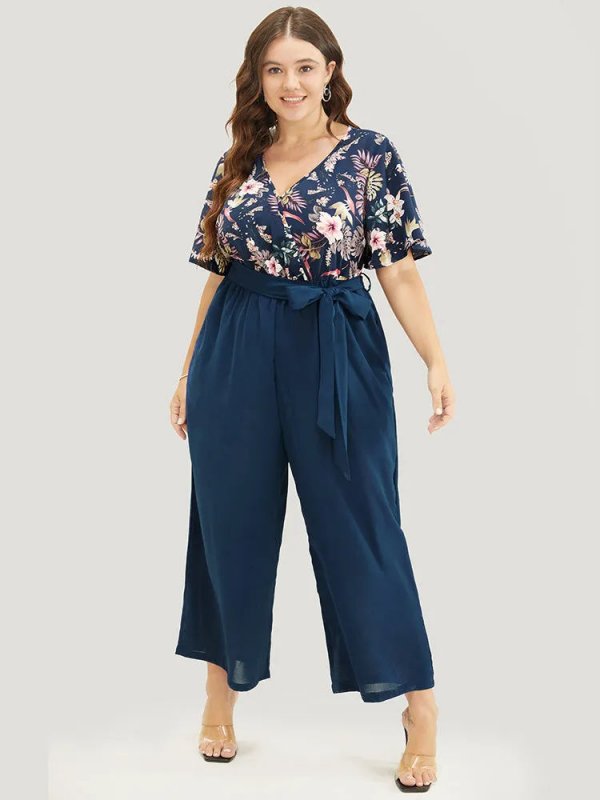 Floral Patchwork Wrap Belted Pocket Jumpsuit