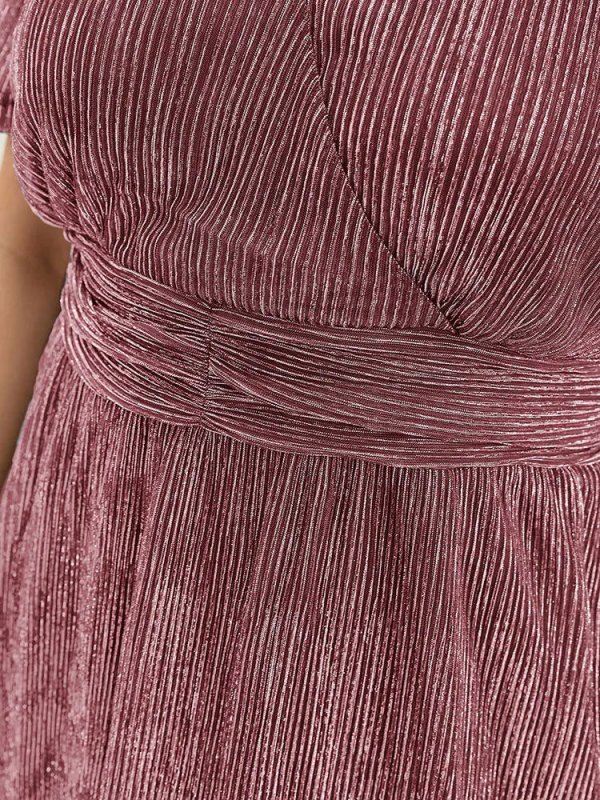 Glitter Mesh Surplice Neck Ruffle Sleeve Pocket Midi Dress