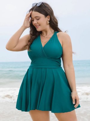 Solid Ruffle Hem Empire Waist Halter Neck Swim Dress