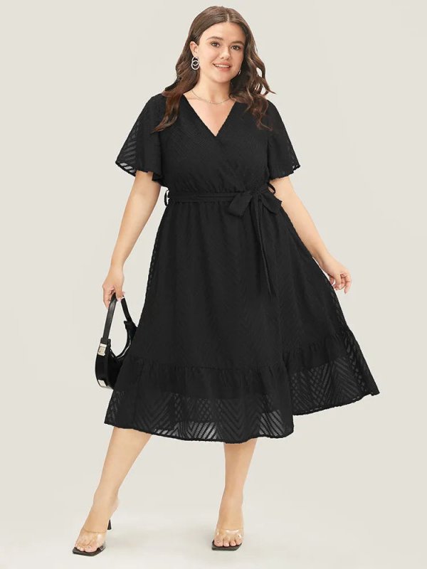 Plain Geometric Pocket Mesh Ruffle Sleeve Belted Wrap Dress
