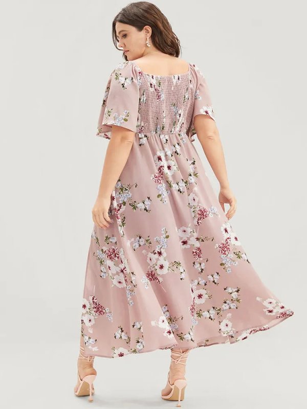 Floral Square Neck Ruffles Pocket Shirred Split Dress