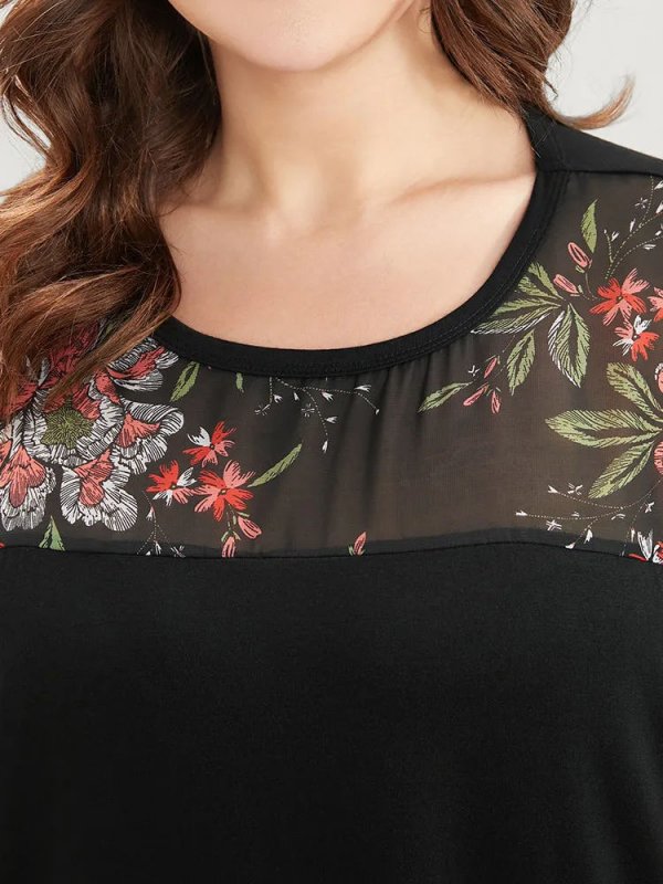 Floral Mesh Patchwork Ruffle Sleeve T-shirt