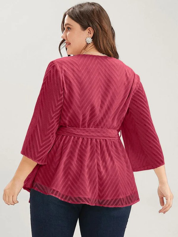 Plain Geometric Mesh Surplice Neck Belted Ruffles Blouse