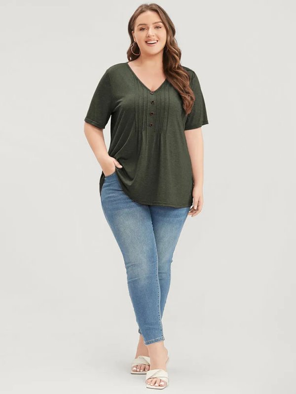 Solid Pleated Front Button Detail V Neck T-shirt