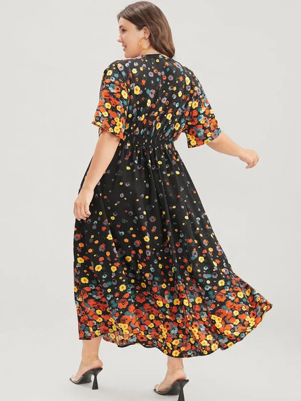 Floral Printed Pocket V Neck Shirred Split Hem Dress