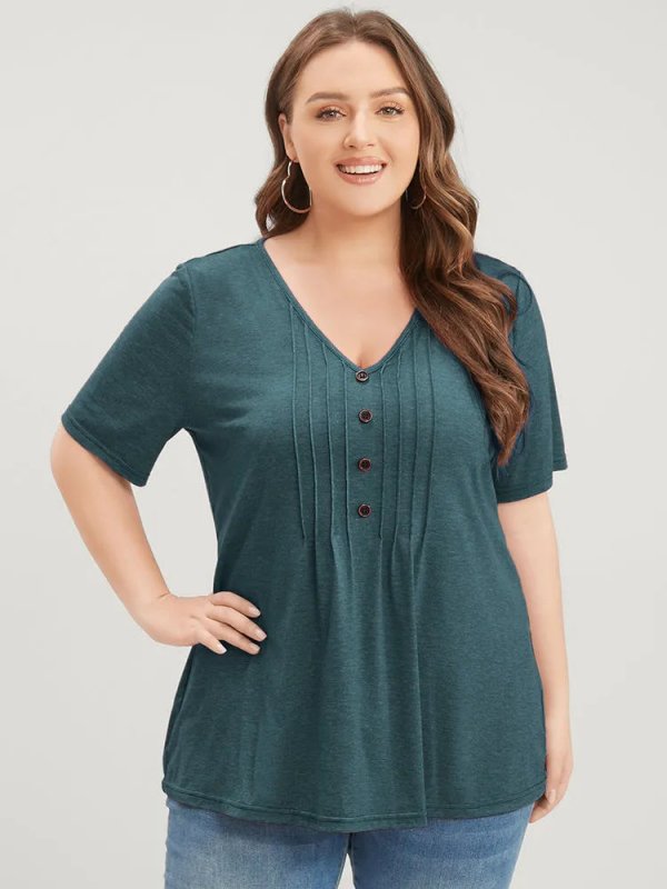 Solid Pleated Front Button Detail V Neck T-shirt