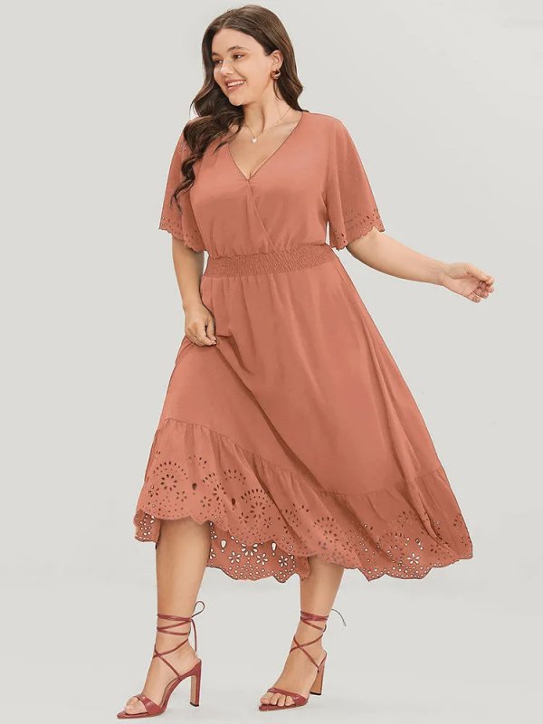 Solid Laser Cut Shirred Pocket Wrap Scalloped Trim Flutter Dress