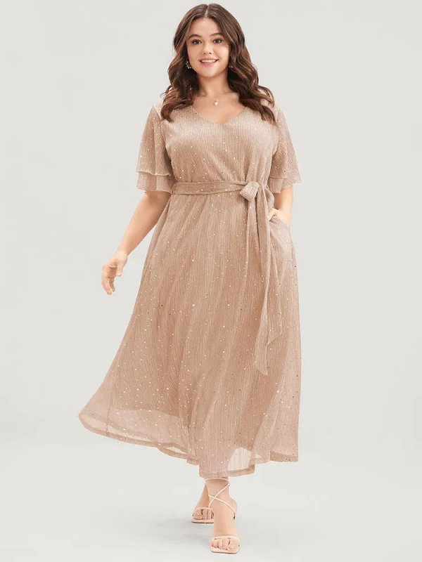 Plain V Neck Mesh Pocket Ruffle Tiered Belted Midi Dress