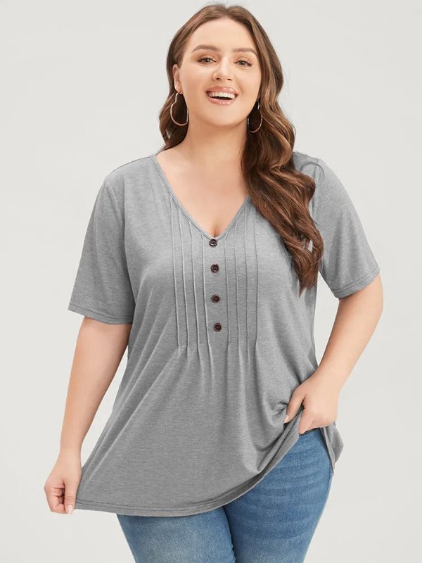 Solid Pleated Front Button Detail V Neck T-shirt