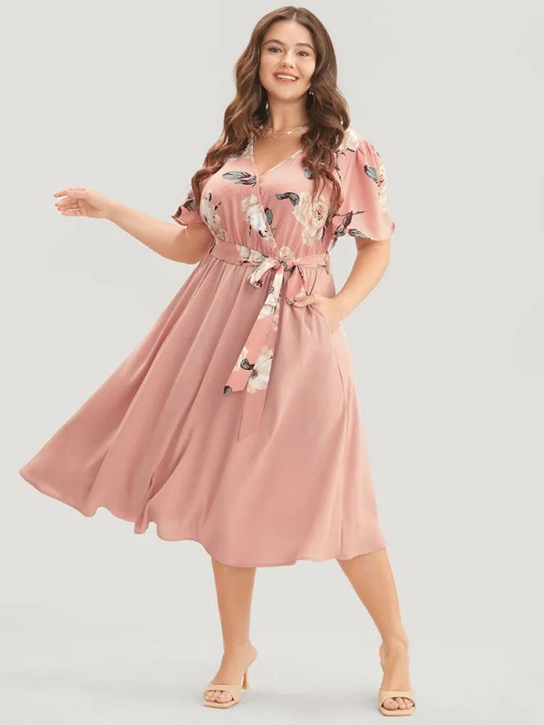 Floral Printed Pocket Ruffles Surplice Neck Belted Midi Dress